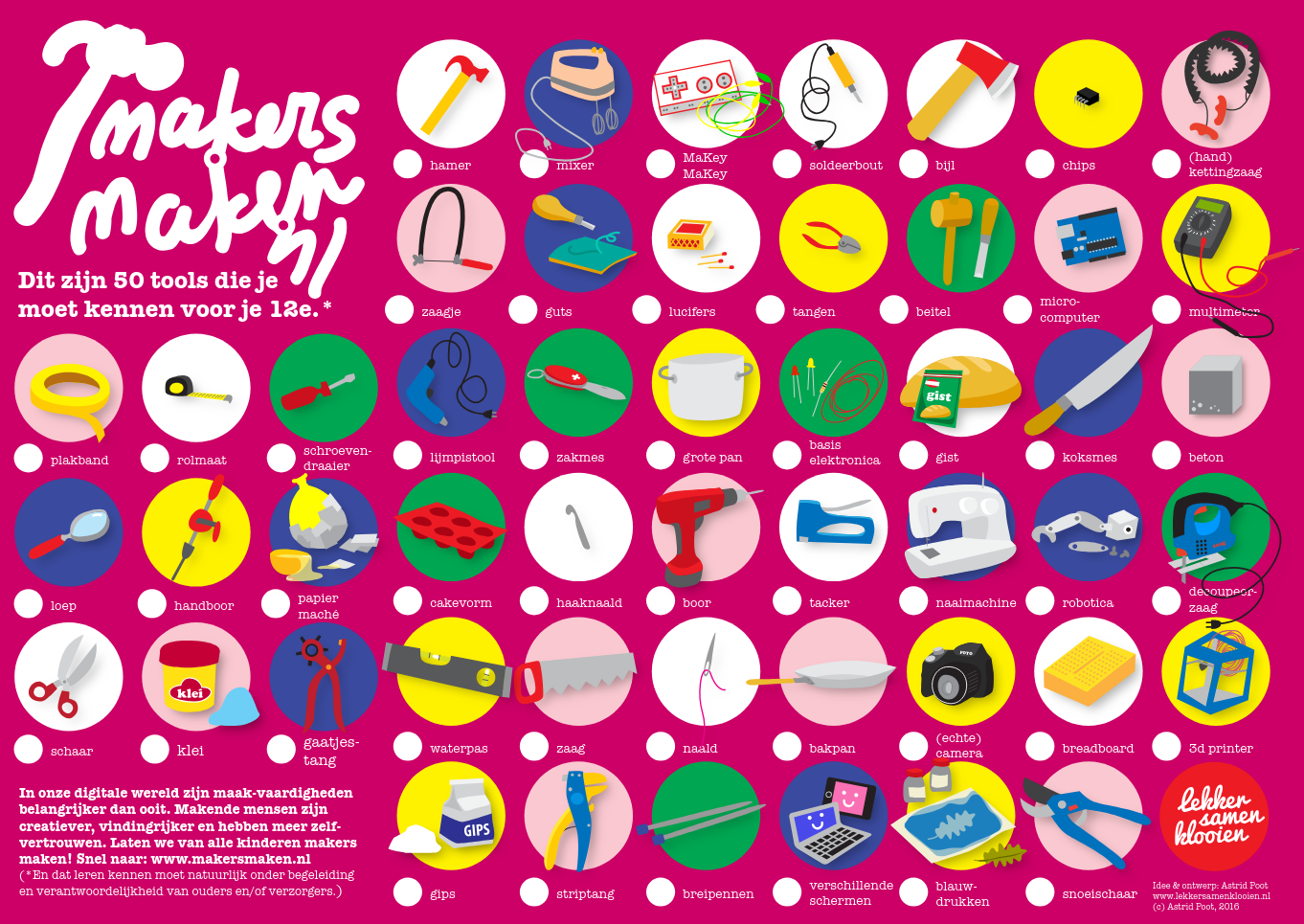 De poster van MakersMaken.nl, met daarop 50 gereedschapen van naaimachines tot boormachines, van electronica tot een camera, van 3d printers tot gips.